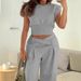 Women's Clothing Fashion Casual Suits Slim Navel Baring Solid Color Short Sleeved Trousers Sets_ecoleips.com