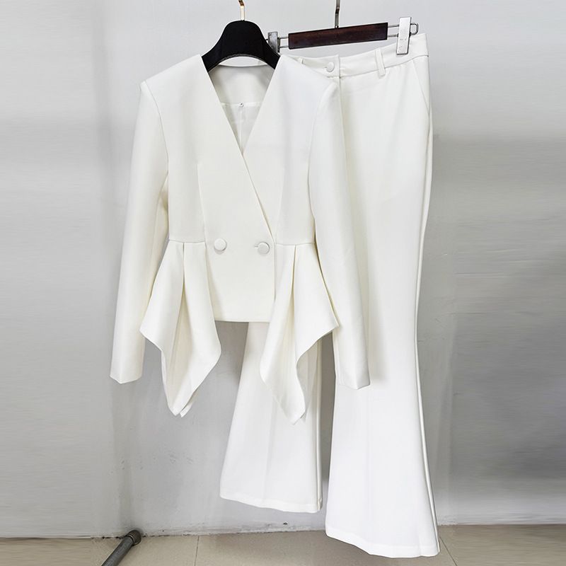 Women's Clothing In Stock Designer New Lotus Leaf Hem Slim Fit Jacket Flared Trousers Suit Two Piece Suit_ecoleips.com
