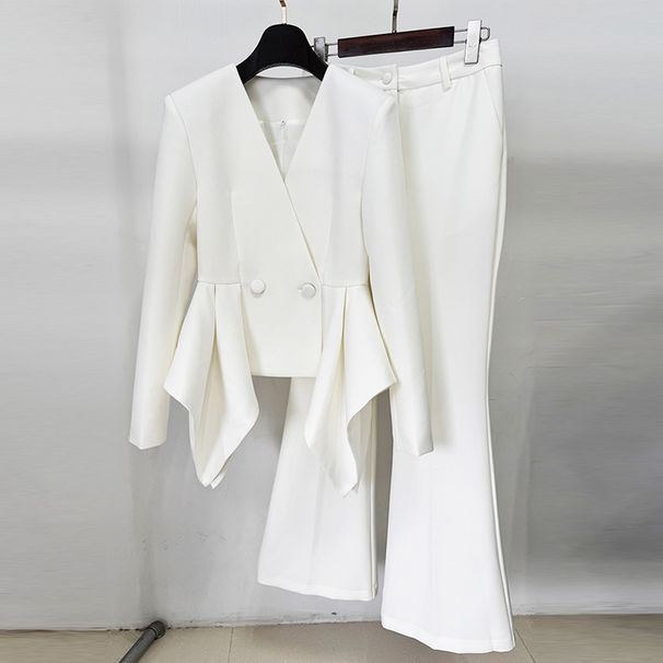 Women's Clothing In Stock Designer New Lotus Leaf Hem Slim Fit Jacket Flared Trousers Suit Two Piece Suit_ecoleips.com