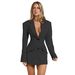 Deep V-Neck Single-Button Blazer Dress For Women - Slim Fit Long Sleeve Office Suit Jacket With Waist Cinching, Elegant Solid Color Workwear_ecoleips.com