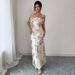 Voya Recommend! Ladies' Elegant And Romantic Ruffle Edge Off Shoulder Cinched Tight Mesh Floral Dress_ecoleips.com