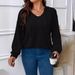 Plus Size Women's V-Neck Hooded Long Sleeve T-Shirt – Ribbed Brushed Fleece Top For Fall & Winter_ecoleips.com