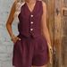 Summer Vest And Shorts Set For Women – Button Front Camisole & 3/4 Shorts, Breathable Linen Blend, Casual Streetwear_ecoleips.com