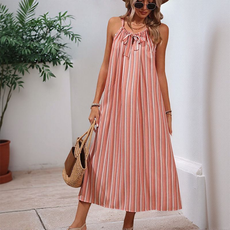 Summer Sweet And Elegant Striped Dress With Butterfly Knot And Loose Fit_ecoleips.com