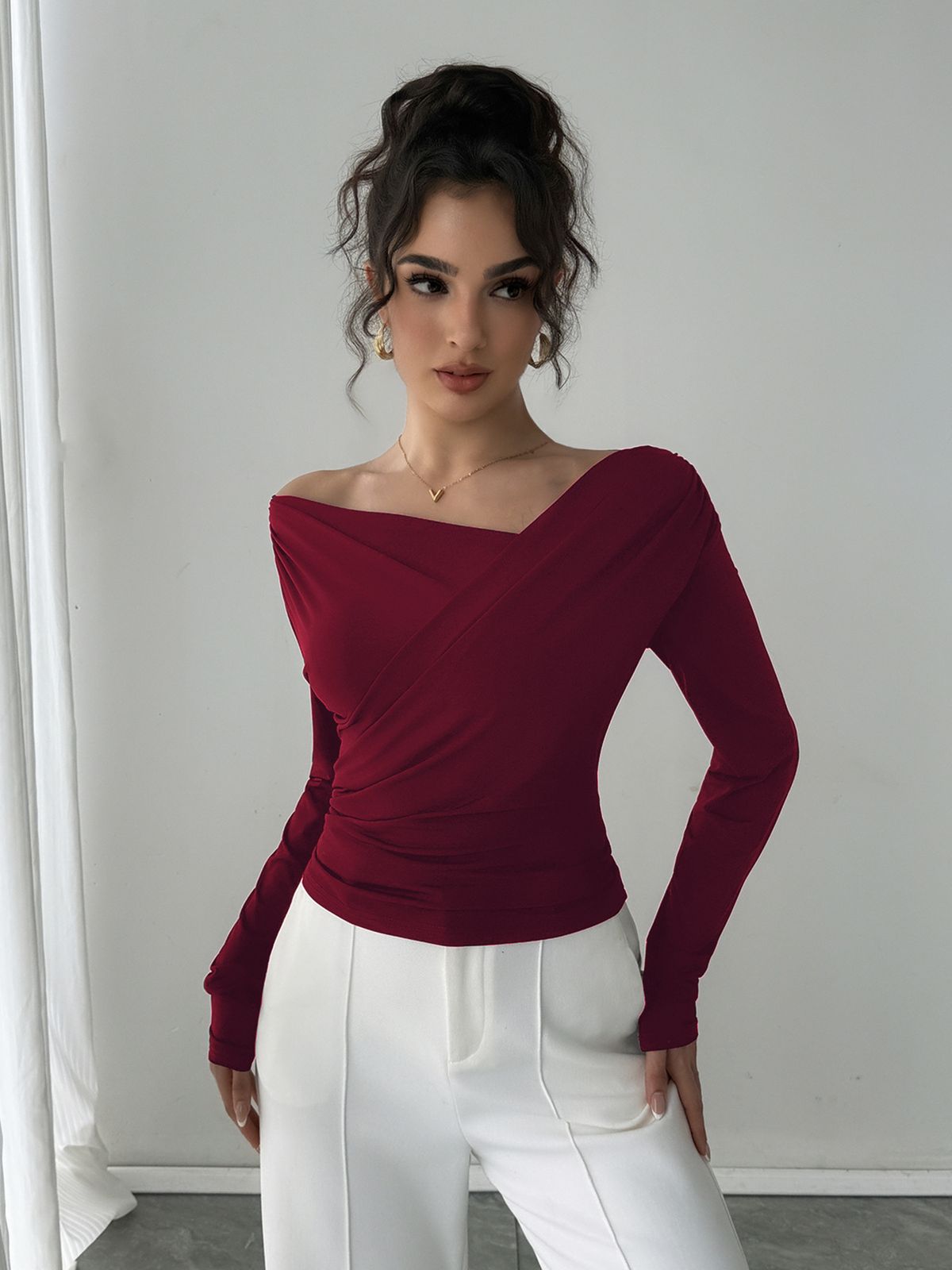 Off-Shoulder Long Sleeve Blouse – Slim Fit Pure Color Work-To-Weekend Top For Women (Black/Burgundy/Red/White)_ecoleips.com