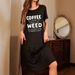 Women's Clothing Fun Coffee Slogan Print Casual Skirt Short Sleeve Round Neck Loose T Shirt Nightdress Dress_ecoleips.com