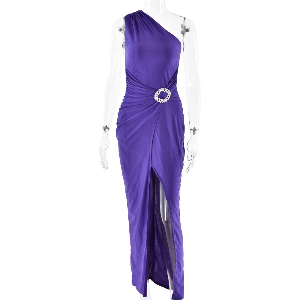 Sexy Women One Shoulder Sleeveless Dress Elegant High Split Design Slimming Bodycon Long Maxi Dress_ecoleips.com