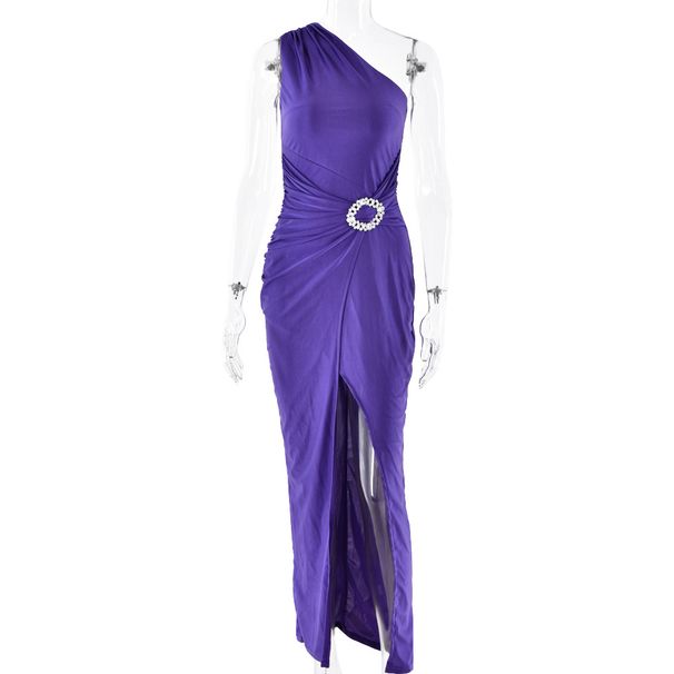 Sexy Women One Shoulder Sleeveless Dress Elegant High Split Design Slimming Bodycon Long Maxi Dress_ecoleips.com