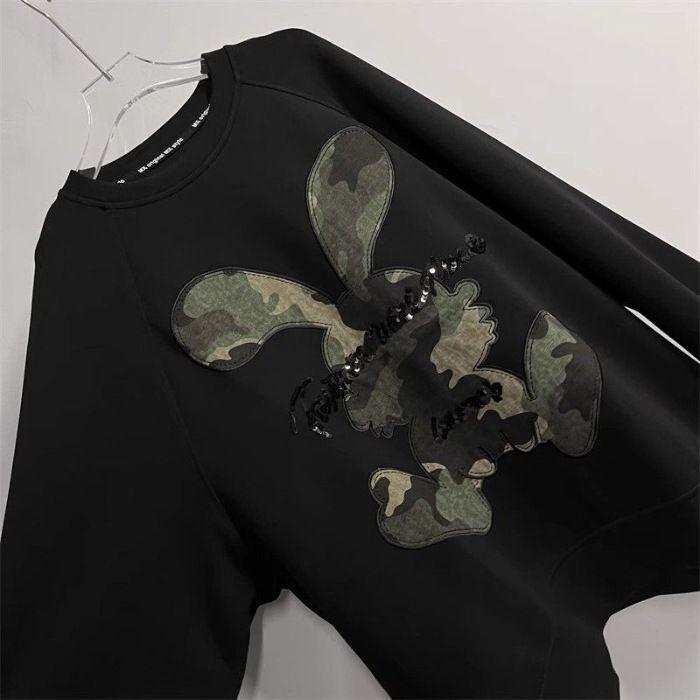 Women's Clothing New Cartoon Embroidered Letters Camouflage Rabbit Long Sleeved Sweater Female Round Neck Top_ecoleips.com