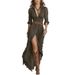 Women's French Vintage V Neck Ruched Waist Button Front Side Slit Long Sleeve Maxi Dress – Elegant Casual Flowy Gown_ecoleips.com