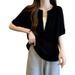 Summer Large Size Korean Version Versatile Shoulder V-Neck Short Sleeve T-Shirt Women's Fat Skinny Belly Covering Unique Top Women's T-Shirt_ecoleips.com