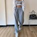 Women's High-Waisted Lounge Pants Loose Fit Casual Sweatpants Elastic Waist Soft Polyester Streetwear Essentials Light Grey S-2XL_ecoleips.com