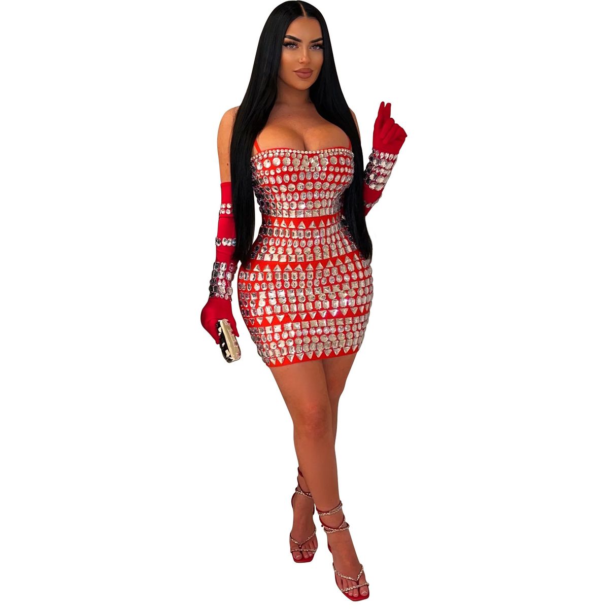 Women's Clothing Fashion women's hot diamond sexy belt gloves long dress_ecoleips.com