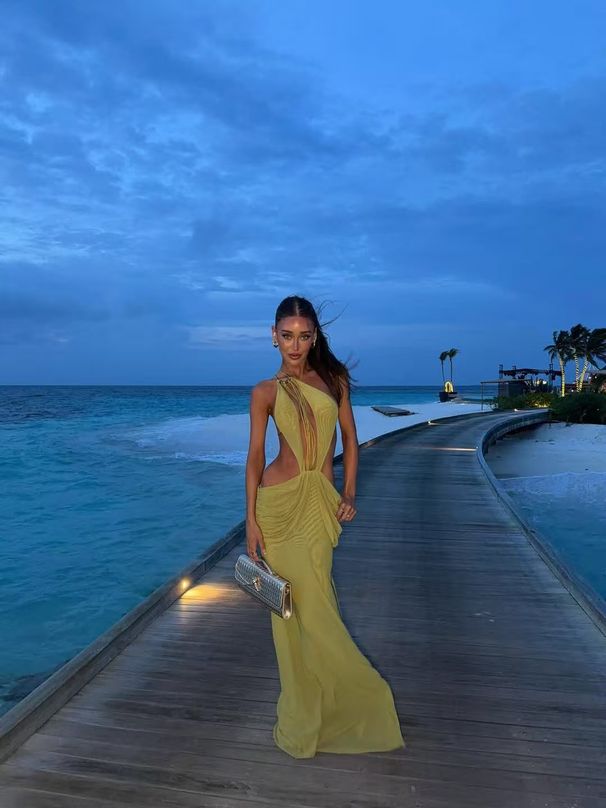 Bohemian Off-Shoulder Beaded Crop Top Maxi Dress With Drawstring Waist, Tropical Vacation Beach Dress For Women_ecoleips.com