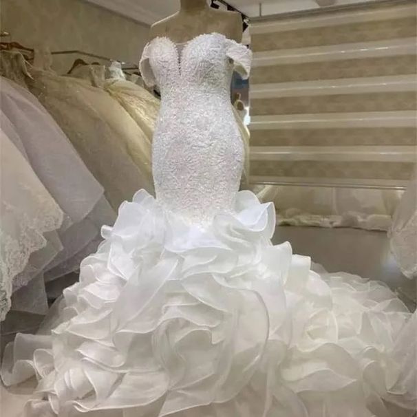 Women's Clothing Beaded Off-the-Shoulder Wedding Dress Long Sleeves Mermaid Silhouette Bodycon Design Sexy Slimming Train_ecoleips.com
