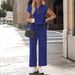 Women's Casual V-Neck Button-Down Short Sleeve Top With Wide-Leg Cropped Pants Set - Comfortable Loungewear & Office Wear Outfit_ecoleips.com