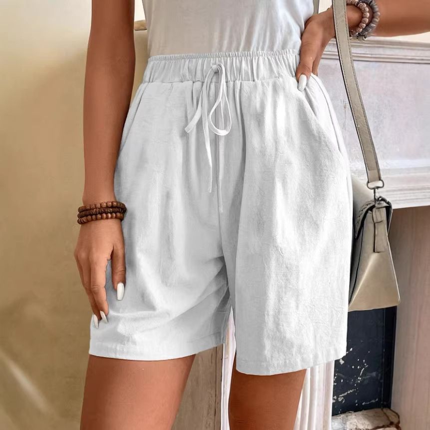 Women's Clothing Cotton Linen Loose Casual Elastic Waist Tie Shorts Solid Color New Style_ecoleips.com