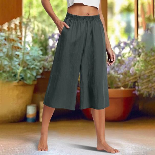 Women's Summer Casual Loose Wide Leg Pants Pleated Elastic Waist Capri with Pockets European American Style Fashion_ecoleips.com