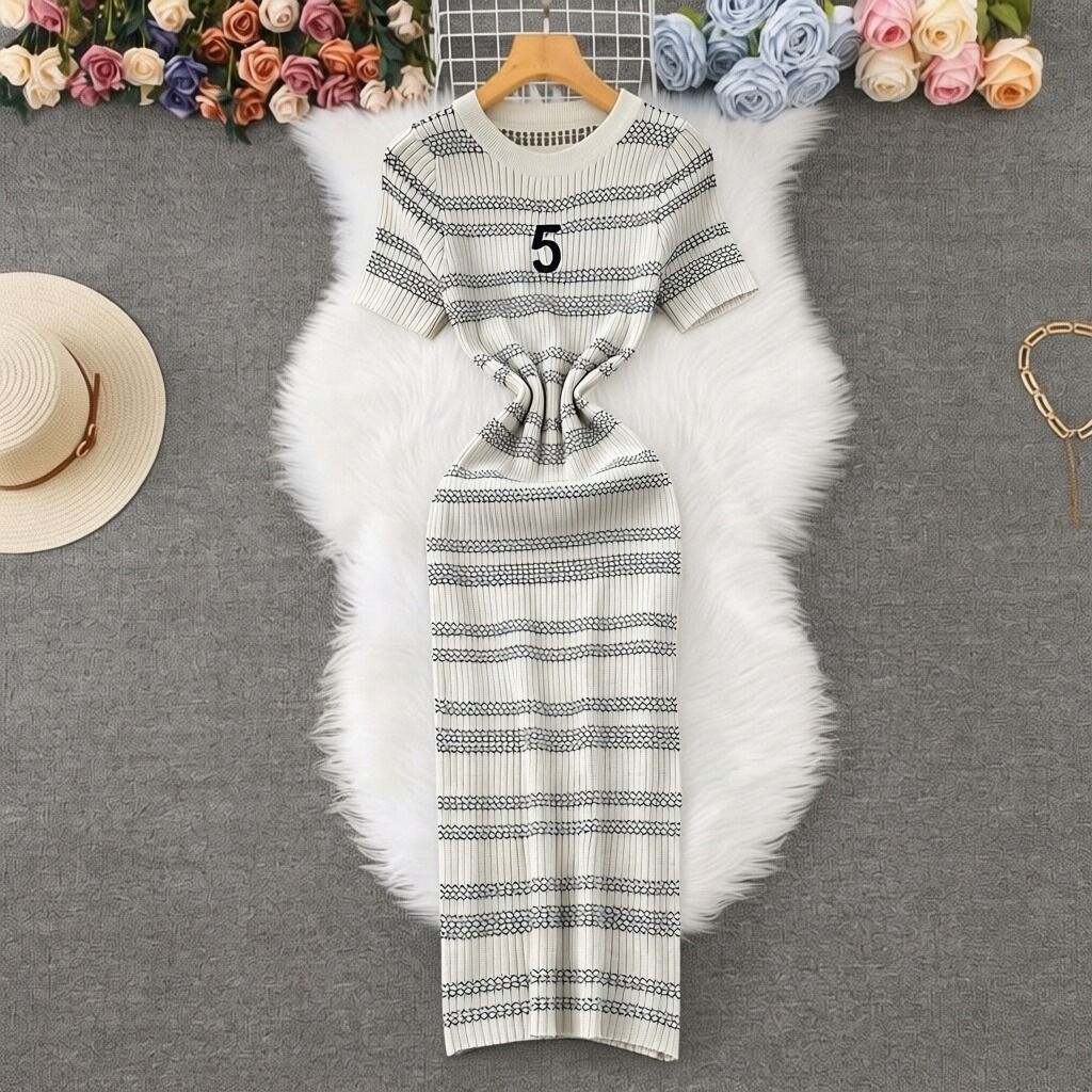 French Style Women's Striped Knit Dress Slim Fit Bodycon Skirt Summer Export Elegant Clothing_ecoleips.com