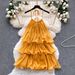 Summer Yellow Dress for Women French Style Halter Neck Ruffled Trim Cake Style Vacation Look Selected 2025_ecoleips.com