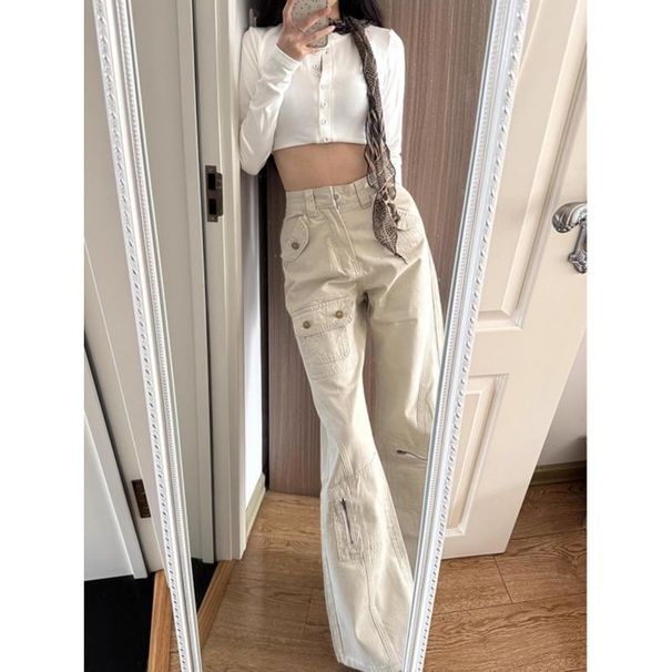American-tyle Picy Girl Multi-pocket Workwear Micro-flared Jean For Women, Pring 2025 New Lim-fit Traight-leg_ecoleips.com