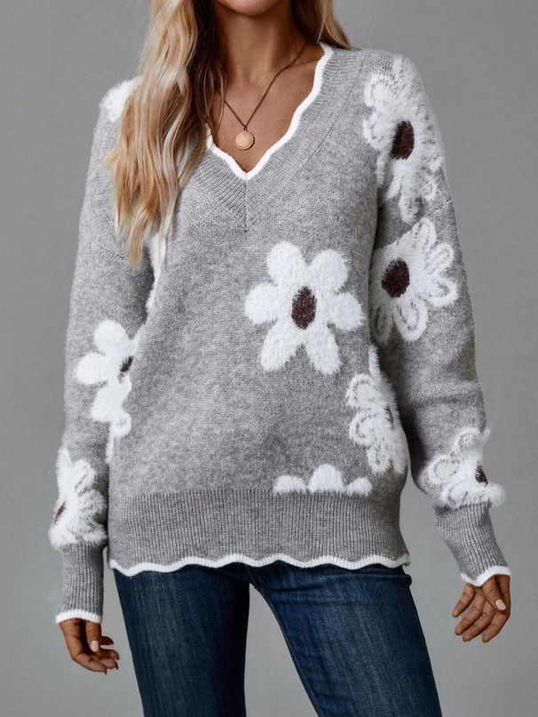 Aria Basics Aria Basics Autumn Winter New Lace V-Neck Anti-Mink Jacquard Pullover Knit Foreign Trade European American Cross-Border_ecoleips.com