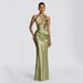 Satin Off-Shoulder Long Dress European American Style Asymmetrical Pleated Waist Fishtail Draped Skirt Hollow out Detail_ecoleips.com
