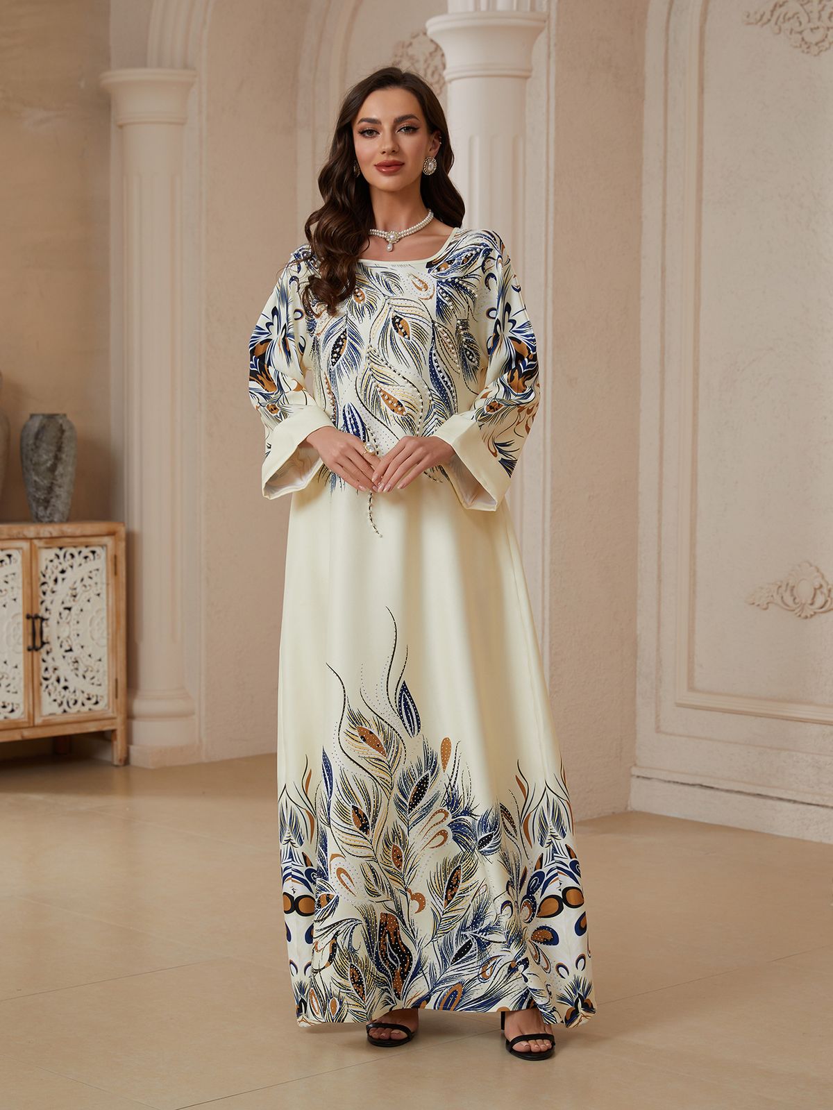 Women's Rhinestone Beaded Print Long Robe Dress For Muslim Fashion Relaxed Everyday Wear Comfortable Feshion_ecoleips.com