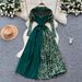 Women's High-End Pleated Dress European American Style Cross Border Fashionable Print Patchwork Long Dress With Tie Waist For Autumn 2025_ecoleips.com