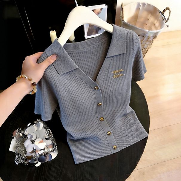 Women's Gray Casual V Neck Short Sleeve Knit Top Spring Summer New Elegant Slimming Commuter Fashion_ecoleips.com