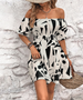 Mini Dress Spring Summer Women Black White Abstract Off Shoulder Puff Sleeve Casual Chic Vacation Beach Dress_ecoleips.com
