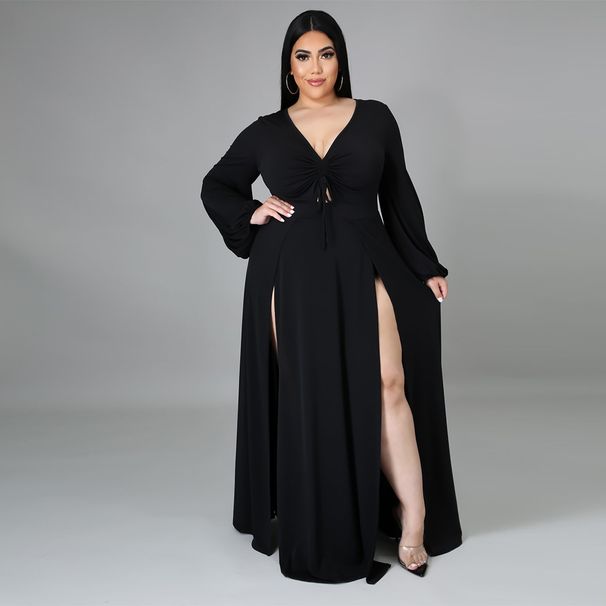new fashion and sexy V-neck solid color large size dress for women with slit skirt design_ecoleips.com