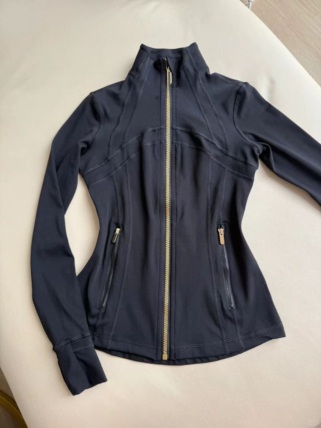 Women's Long Sleeve Top Fitted Stand Collar Gold Zipper Mesh Free Yoga Sportswear_ecoleips.com