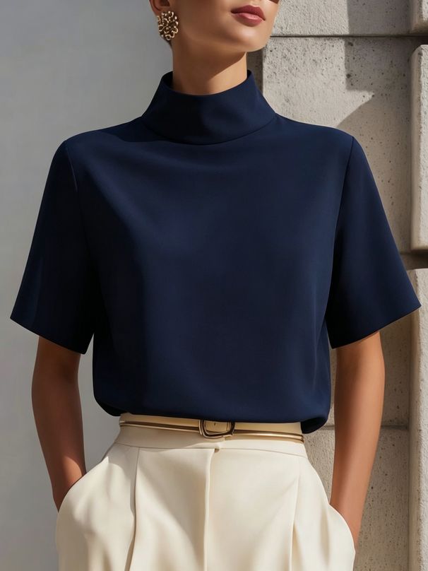 Elegant Mandarin Collar Shirt For Women - Modern Inspired Blouse, Breathable Polyester, Short Sleeve Office Wear, Unique Design_ecoleips.com