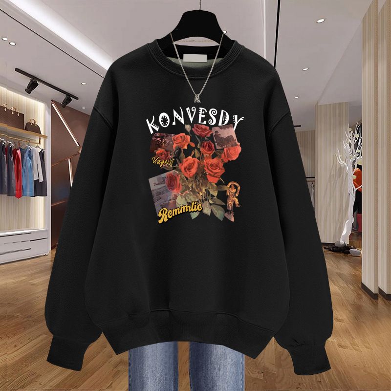 Women's Korean Style Pullover Long Sleeved Sweatshirt Fleece Lined Thickened Top Spring Autumn Pure Cotton Hong Kong Style_ecoleips.com