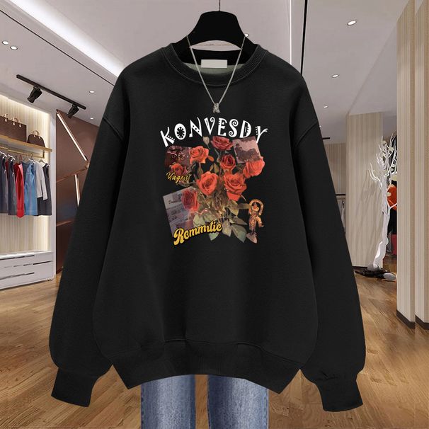 Women's Korean Style Pullover Long Sleeved Sweatshirt Fleece Lined Thickened Top Spring Autumn Pure Cotton Hong Kong Style_ecoleips.com
