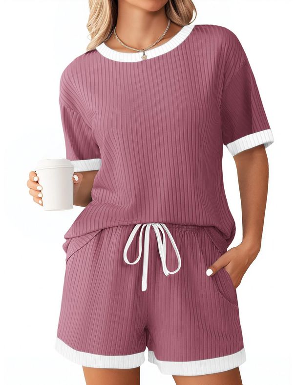 Women's Clothing Summer New Solid Color Pit Stripe Color Matching Pajamas Short Sleeved Home Clothes Suit_ecoleips.com