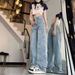 Women's Jeans With Pentagram Patches, New Spring/summer Style, Embroidered, Mid-waist, Loose Wide-leg, Long Straight_ecoleips.com
