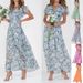 European And American Style Beach Maxi Dress for Women Chiffon Floral Print Short Sleeves Ruffled V Neck Waist Cinching Design_ecoleips.com