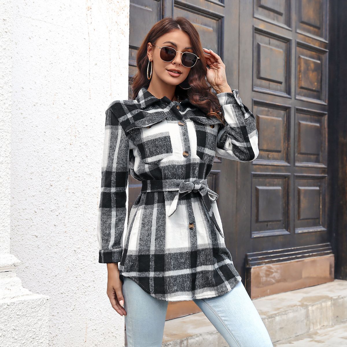 Street Style Contrasting Color Plaid Straps Long Woolen Jacket_ecoleips.com