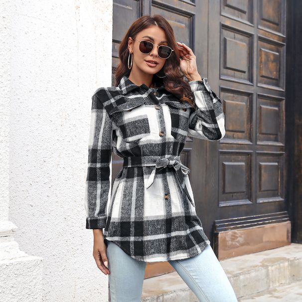 Street Style Contrasting Color Plaid Straps Long Woolen Jacket_ecoleips.com