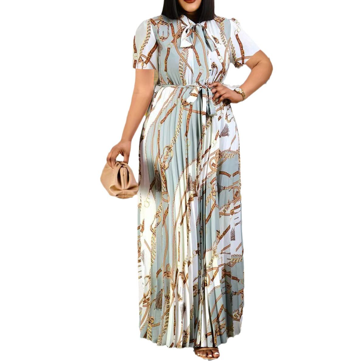 Women's Short-sleeved Printed Pleated Straps Long Skirt Plus Size_ecoleips.com
