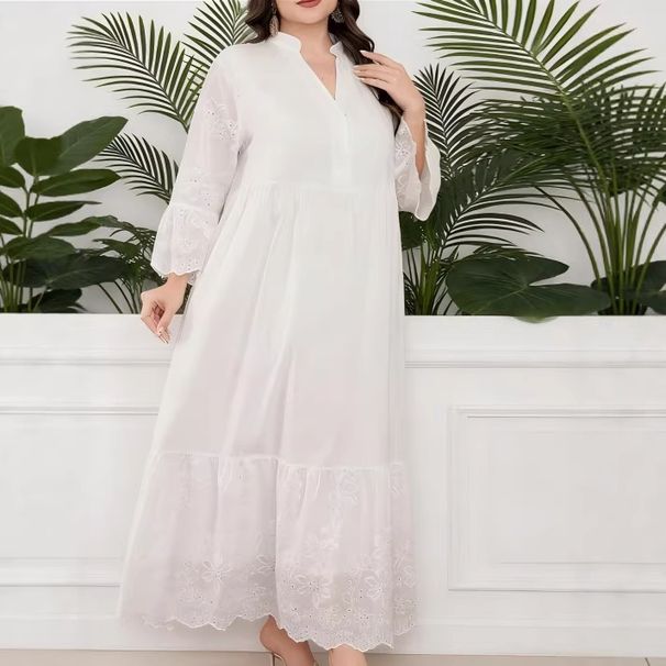 Exclusive Cross-border Plus-size Hollow Embroidered Dress, Middle Eastern Muslim White V-neck Loose Vacation Robe_ecoleips.com