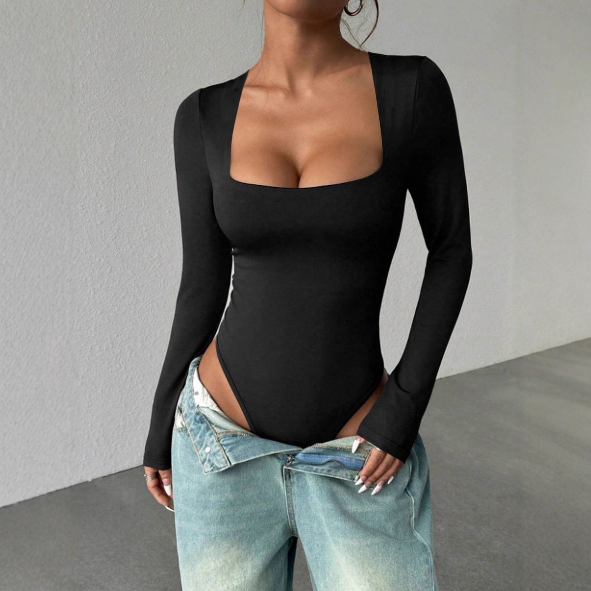 Women's Elegant Slim Fit Jumpsuit Autumn/Winter Square Neck Long Sleeve Sexy Hot European American Style Casual Romper_ecoleips.com