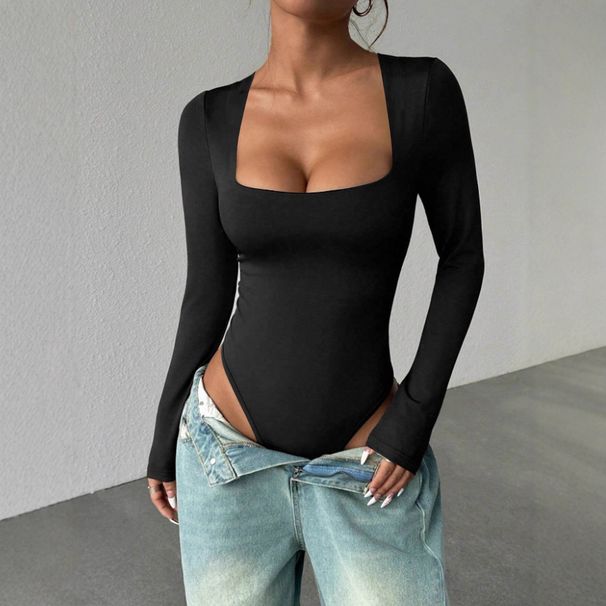 Women's Elegant Slim Fit Jumpsuit Autumn/Winter Square Neck Long Sleeve Sexy Hot European American Style Casual Romper_ecoleips.com