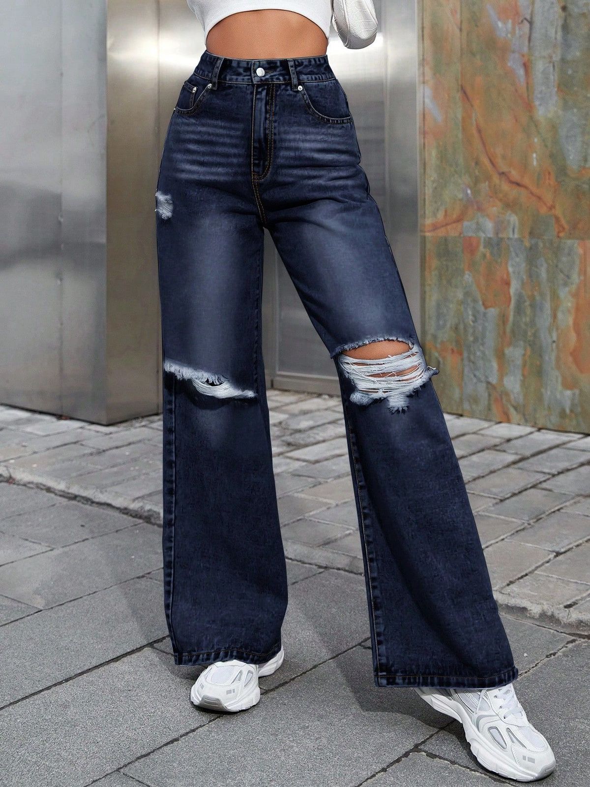 new white embroidered early autumn letter high waisted jeans, versatile pants, slimming wide leg straight leg pants_ecoleips.com