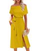 Women's Clothing New Summer Dress Off Shoulder Short Sleeve Tie Waist Slit Midi Dress_ecoleips.com