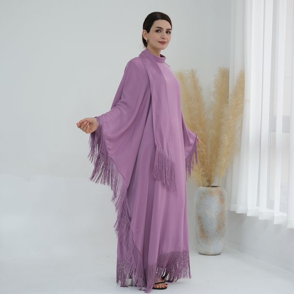 Modest Abaya Dress/Muslim Dress Women Elegant Dubai Turkish Solid Color Batwing Fringe Maxi Dress LR641 - Flowy Bohemian Abaya With Long Sleeves_ecoleips.com