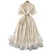 Elegant Women's French Style Dress Tie Waist Single-Breasted Embroidered Mesh Long Summer Fashion 2025_ecoleips.com