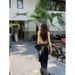Sweet Cool Spicy Girl Set For Women Summer Rhinestone Slim Fit Yellow Letter T-Shirt + High Waist Plaid Patchwork Jeans_ecoleips.com